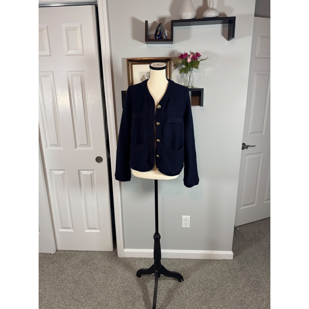 Free Assembly Navy Career Corporate Blue Pocket Cardigan Gold Buttons Sz Large